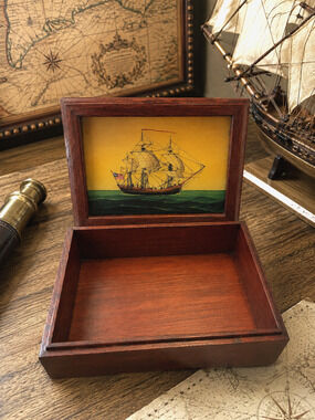 Vintage Wooden Keepsake Box Sliding Lid Sailing Ship Nautical Trinket Jewelry...